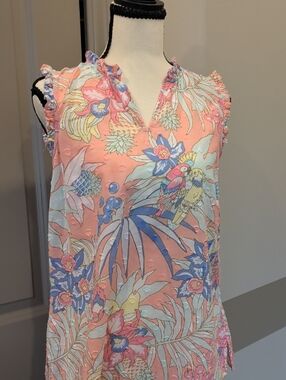 Talbots Coral Sleeveless Camisole with Tropical Floral & Parrot Print